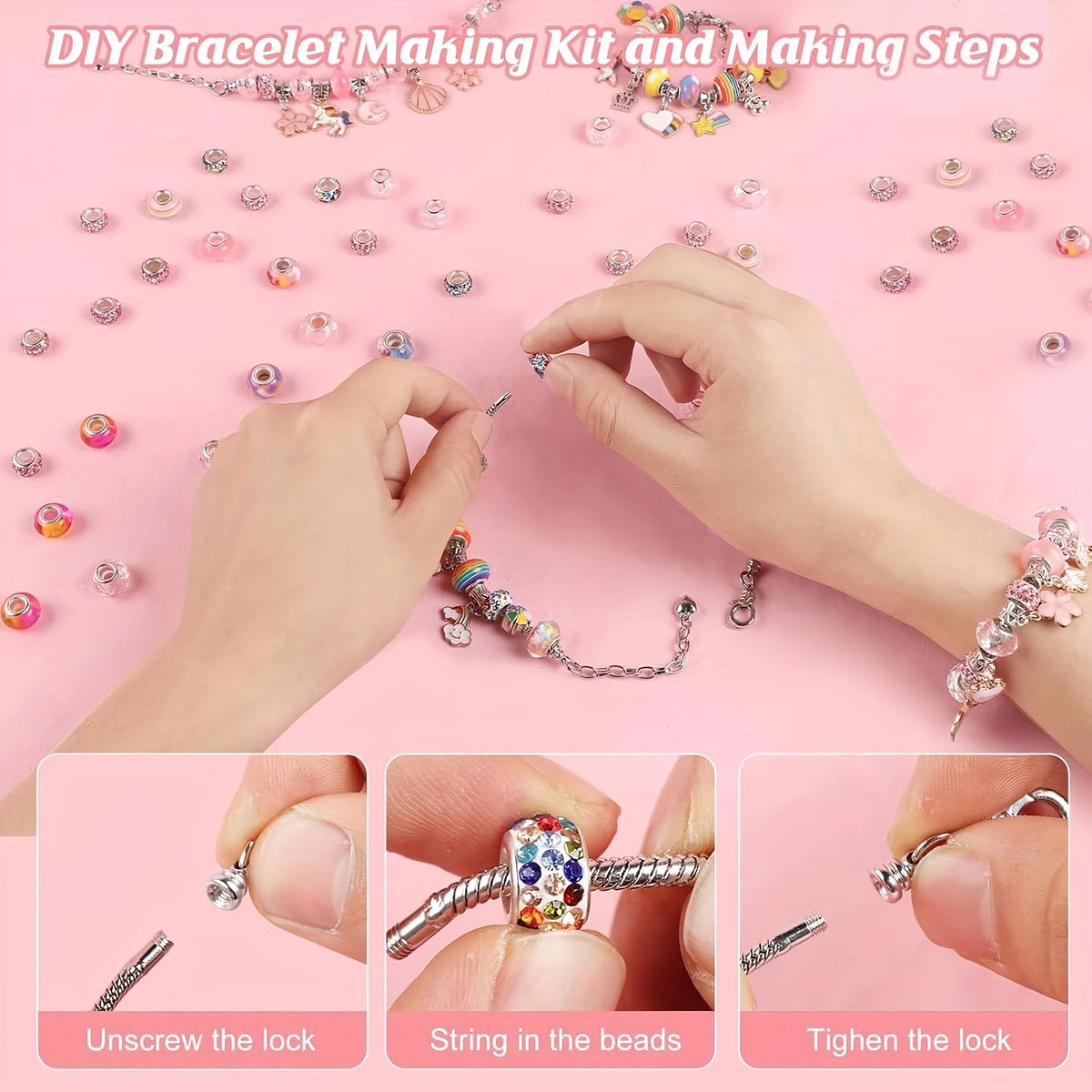 Charm Bracelet Making Kit with 134 Listed Pieces, 120 Beads, Six Bracelets and Six Necklaces with Jewelry Box and Gift Bag for Personalized DIY Jewelry Projects