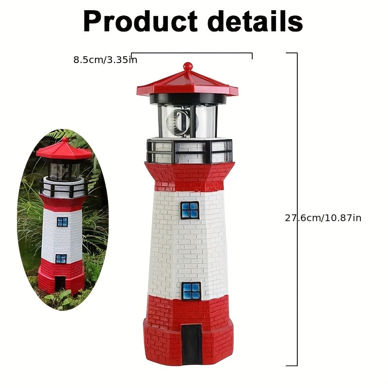 Rotating LED Solar Lighthouse with Built-In Solar Panel and Automatic Night Lighting Wording, Upgraded Model Label for Nautical Garden and Patio Decoration