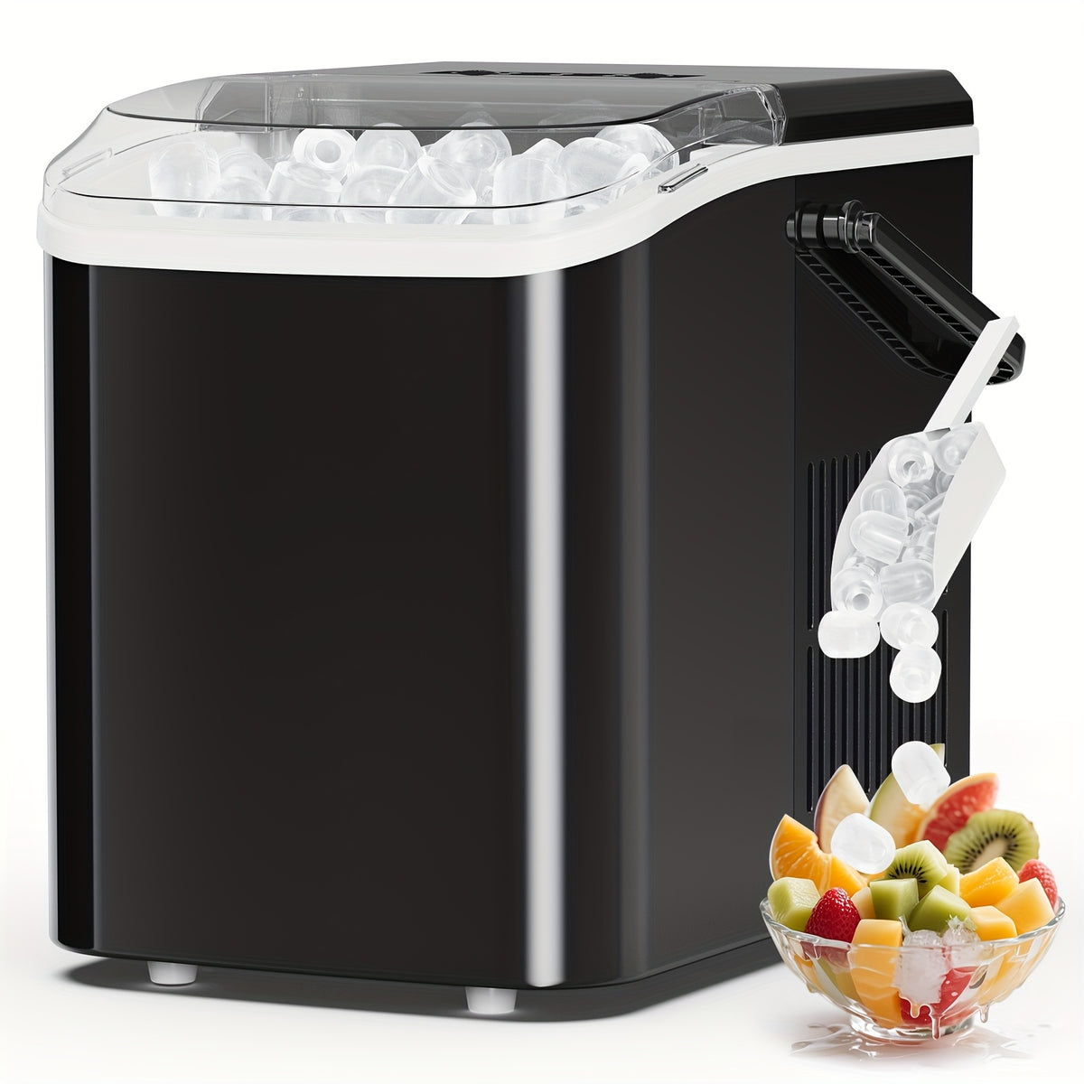 Compact Bullet Ice Maker, 9 Cubes in 6 Minutes and 26.5 lbs Daily Output, Self-Cleaning Ice Machine with Basket and Scoop for Home, Parties and RV Use