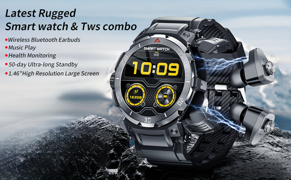 Smart Watch with Built-In Earphones, Listed 1.46-Inch IPS Touchscreen and 100+ Sports Modes, Black Fitness Tracker with Strap for iPhone and Android Phones