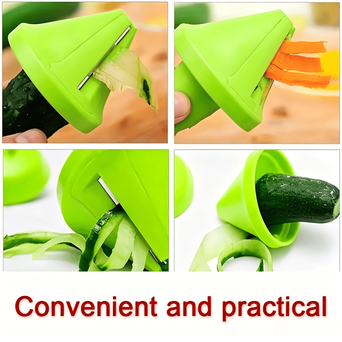 Conical Vegetable Shredder in Green, One-Piece Kitchen Prep Tool with Carrot and Cucumber Grating, Slicing and Peeling References for Fruit and Vegetables