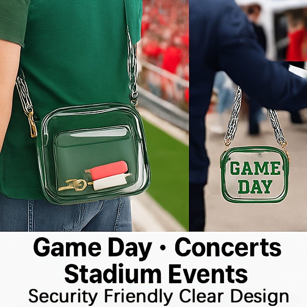 Game Day Clear Purse with Listed Letter Patches and Crossbody Carry Style, Green, Blue, Black, Red or Orange Options for Football Outfits and Concert Plans