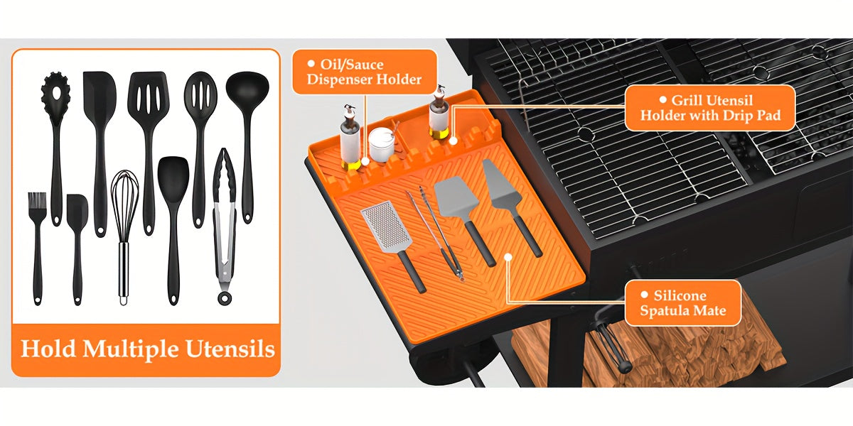 Silicone Griddle Utensil Rest Mat with Raised Edges and Textured Surface, 16 x 11.5 Inch Spatula Drip Pad for Compatible Side Shelves and Kitchen Counters, 1 Pack