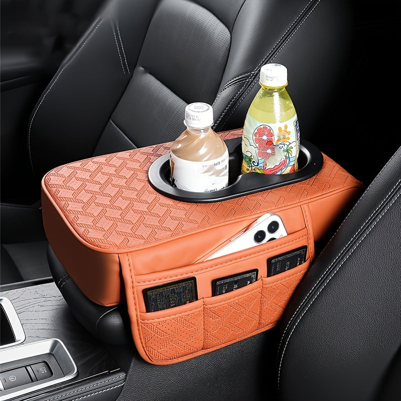 Car Armrest Storage Cover in PU Leather with Two Side Pockets and Two Cup Holders, Center Console Organizer with Tissue Bundle and Refill Options