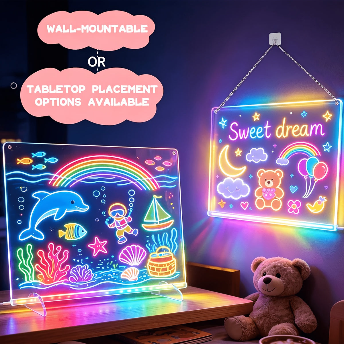 LED Erasable Drawing Board 13.7 x 10 Inch, RGB+IC Acrylic Message Sign with 21 Lighting Effects, Remote and App Control and 12-Color Pens