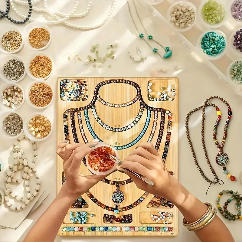 Bamboo Bead Design Board, Apricot Jewelry Layout Tray with Engraved Measurement Markings and Storage Grooves for Planning Bracelets and Necklaces
