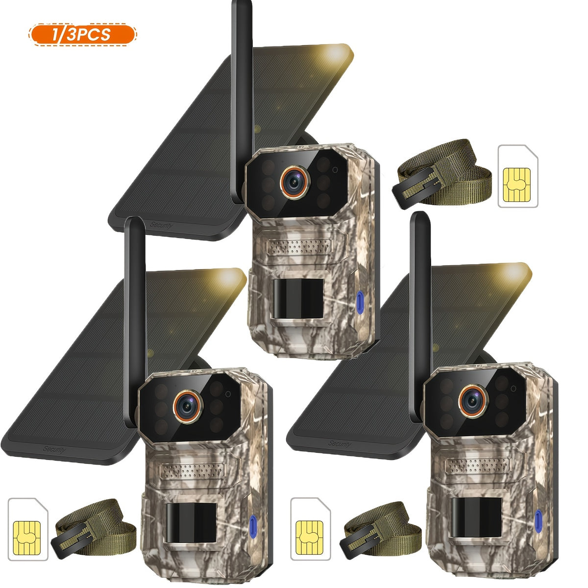 4G LTE Cellular Tracking Camera in Camouflage, Listed 1440P Video, USB and Solar Charging, Night Vision and Two-Way Audio in One- or Three-Camera Options