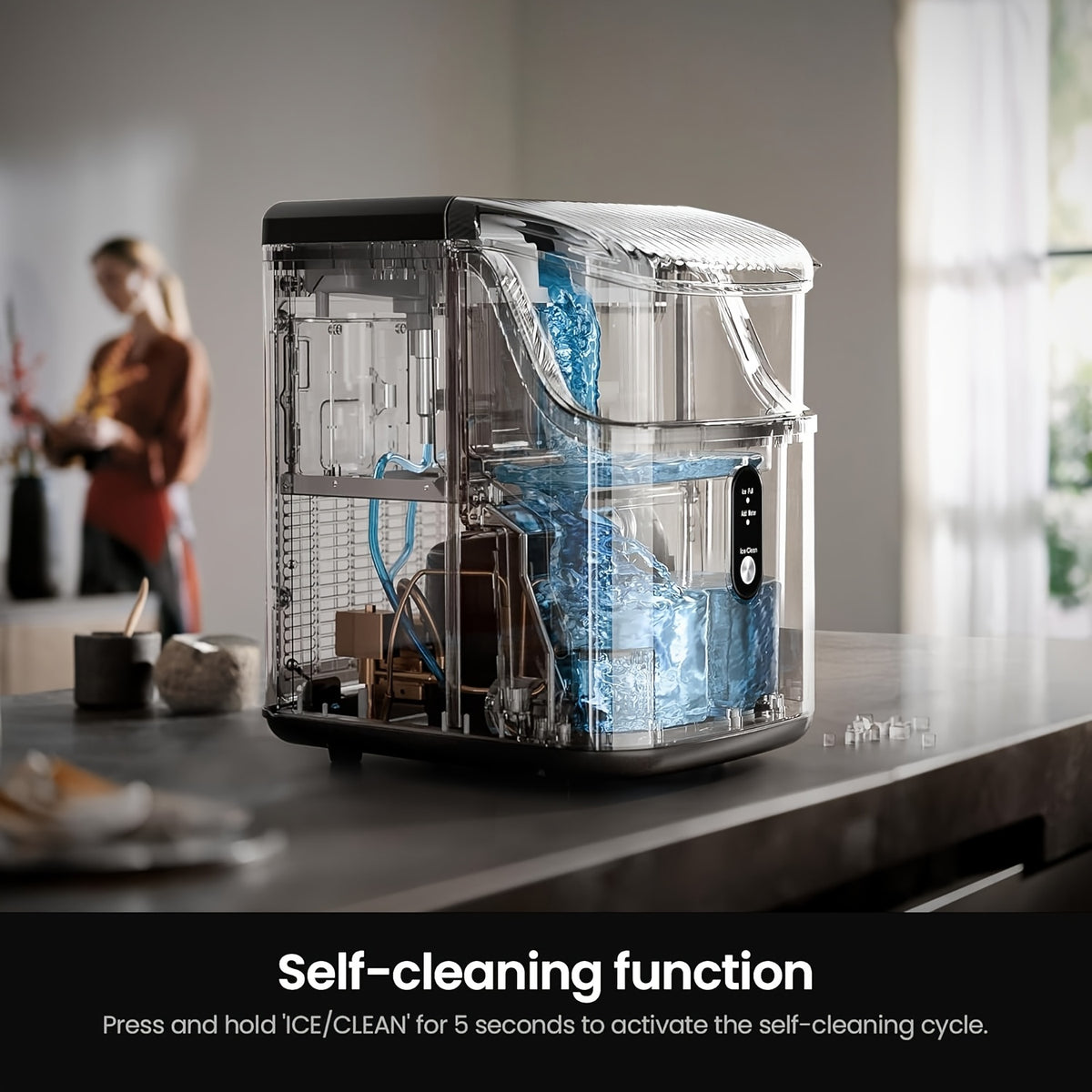 Pebble Ice Maker Countertop, 35lbs/Day Nugget Ice or 26lbs/Day Bullet Ice Machine with One-Click Operation and Self-Cleaning, Ice Basket and Scoop Included for Home, Kitchen and Office