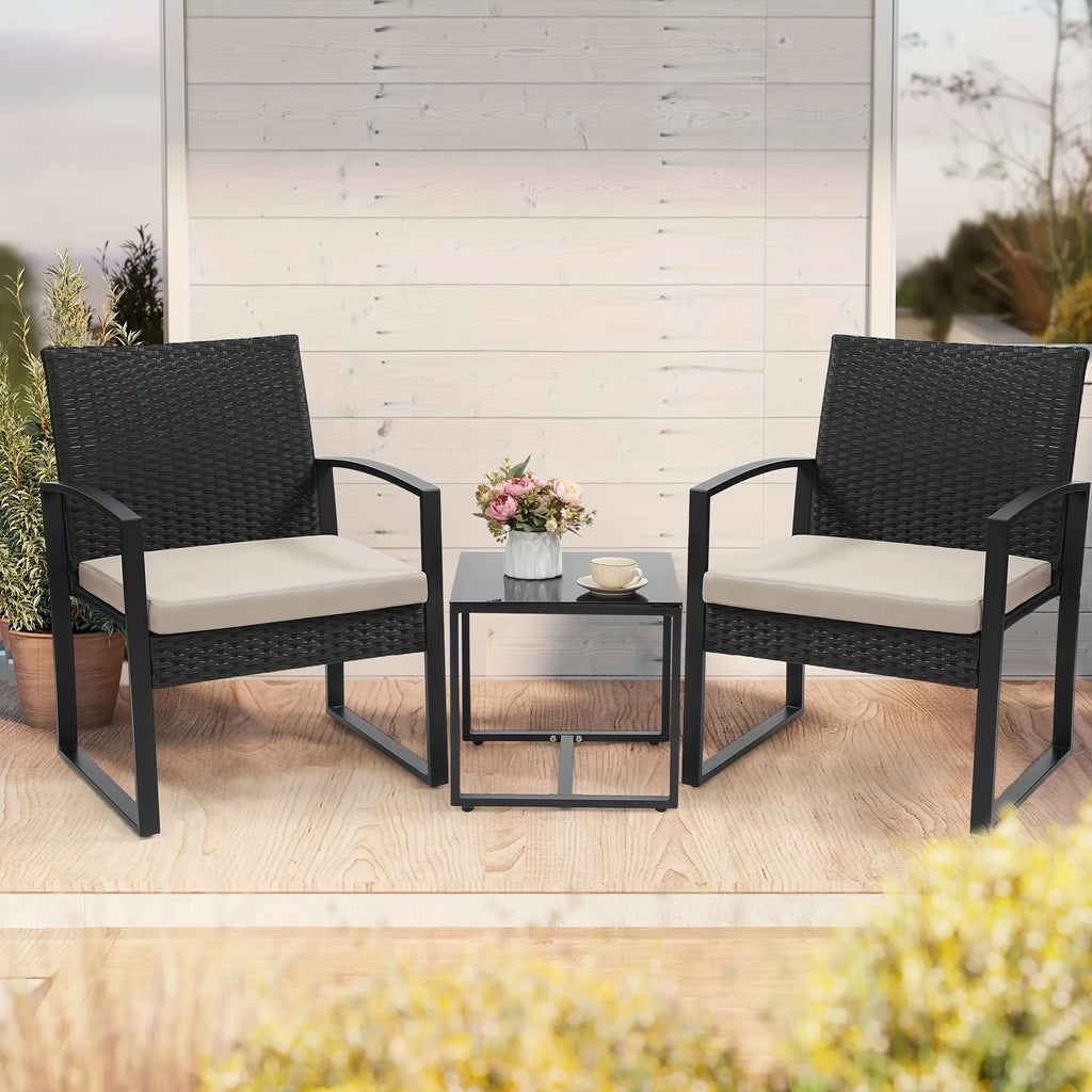 Patio Bistro Set with Black Rattan Styling, 3-Piece Outdoor Furniture with Tempered Glass Table and Gray or Black Cushions for Garden Seating and Coffee