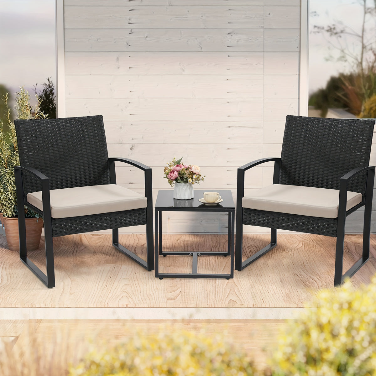 Patio Bistro Set with Black Rattan Styling, 3-Piece Outdoor Furniture with Tempered Glass Table and Gray or Black Cushions for Garden Seating and Coffee