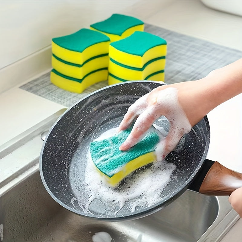 Waist-Shaped Cleaning Sponges in Yellow and Green, 12- or 24-Piece Double-Sided Scouring Pad Options for Compatible Dishwashing and Household Kitchen Cleanup