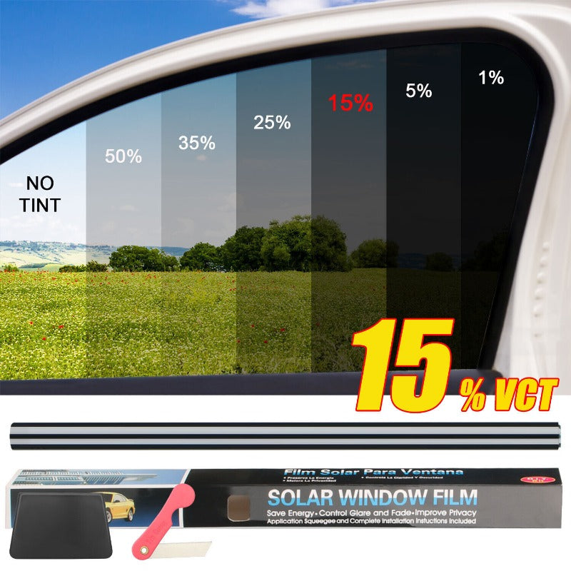 Black PET Car Window Tint Film with Six Percentage Model Labels, Listed 9.8-Foot by 20-Inch Roll with Scraper and Knife for Compatible Glass Projects