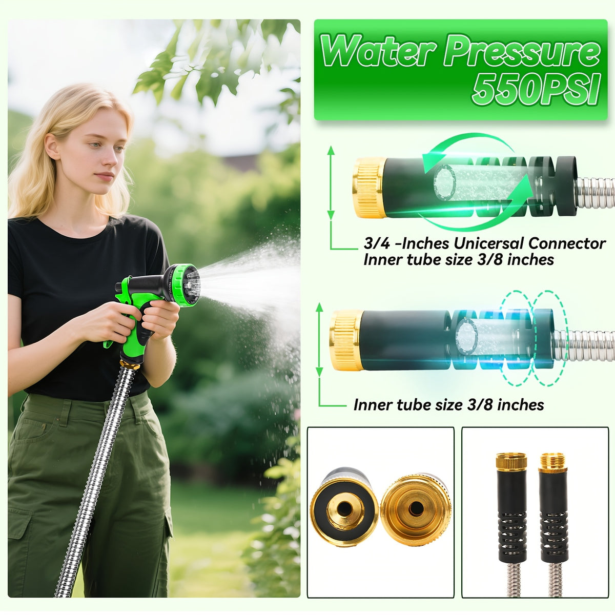 Metal Outdoor Watering Hose with Listed Stainless Steel Design, 50ft or 100ft Options and Ambiguous Three-Fitting and Ten-Function Nozzle Wording for Garden Care