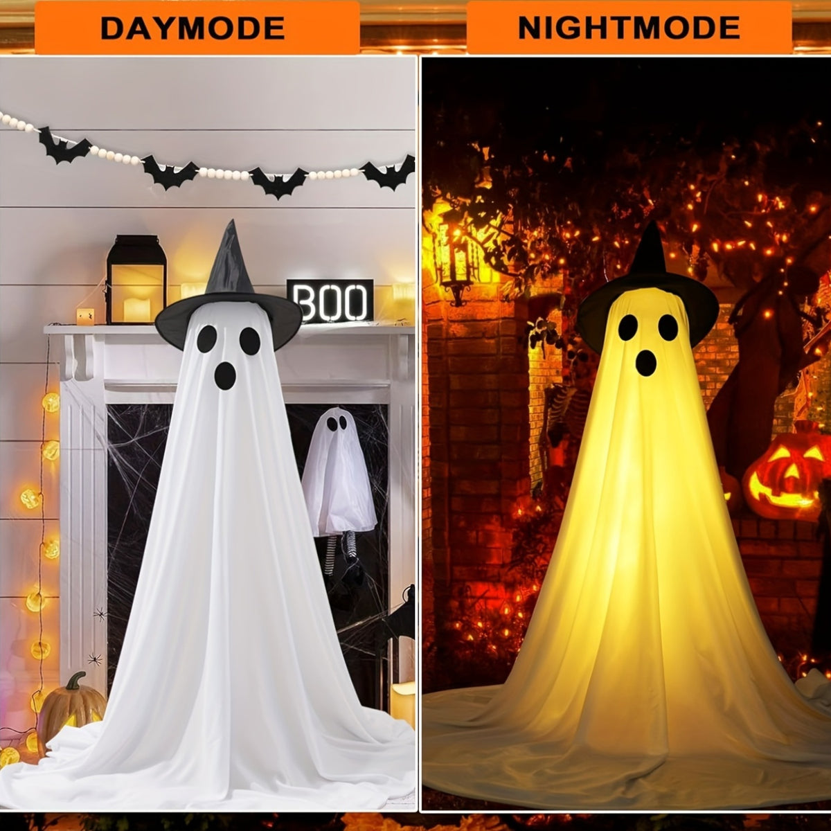 Witch Hat Ghost Decorations, Two-Piece Lighted Halloween Display Set with String Lights in White Ghost or Warm Color Options for Seasonal Home and Party Decor