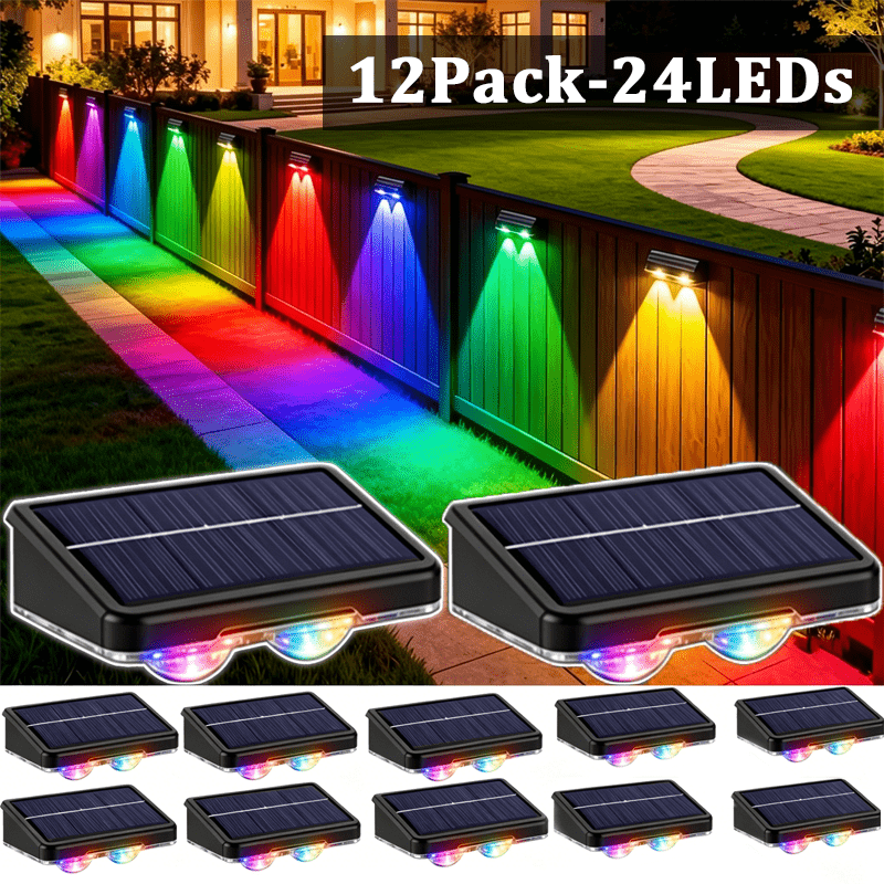 Solar Fence Accent Lights with Nine Lighting Modes, Listed 12-Light Set and Colorful Mode-24LEDs Option for Outdoor Walls, Railings, Patios and Deck Decor