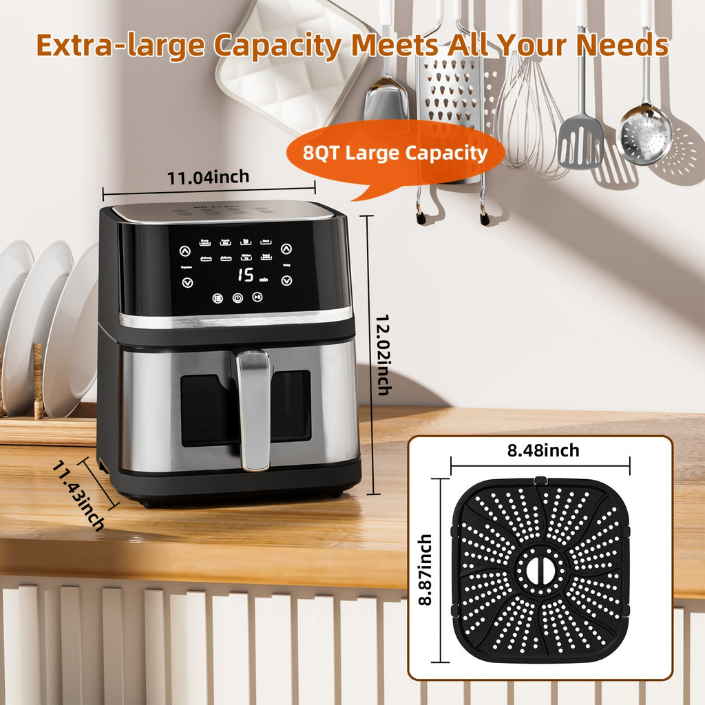 8Qt Digital Air Fryer, Stainless Steel 8-in-1 Cooker with Viewing Window, Touchscreen and 180-400°F Temperature, Dishwasher-Safe Non-Stick Basket, Large Family Size for Indoor Cooking, Black