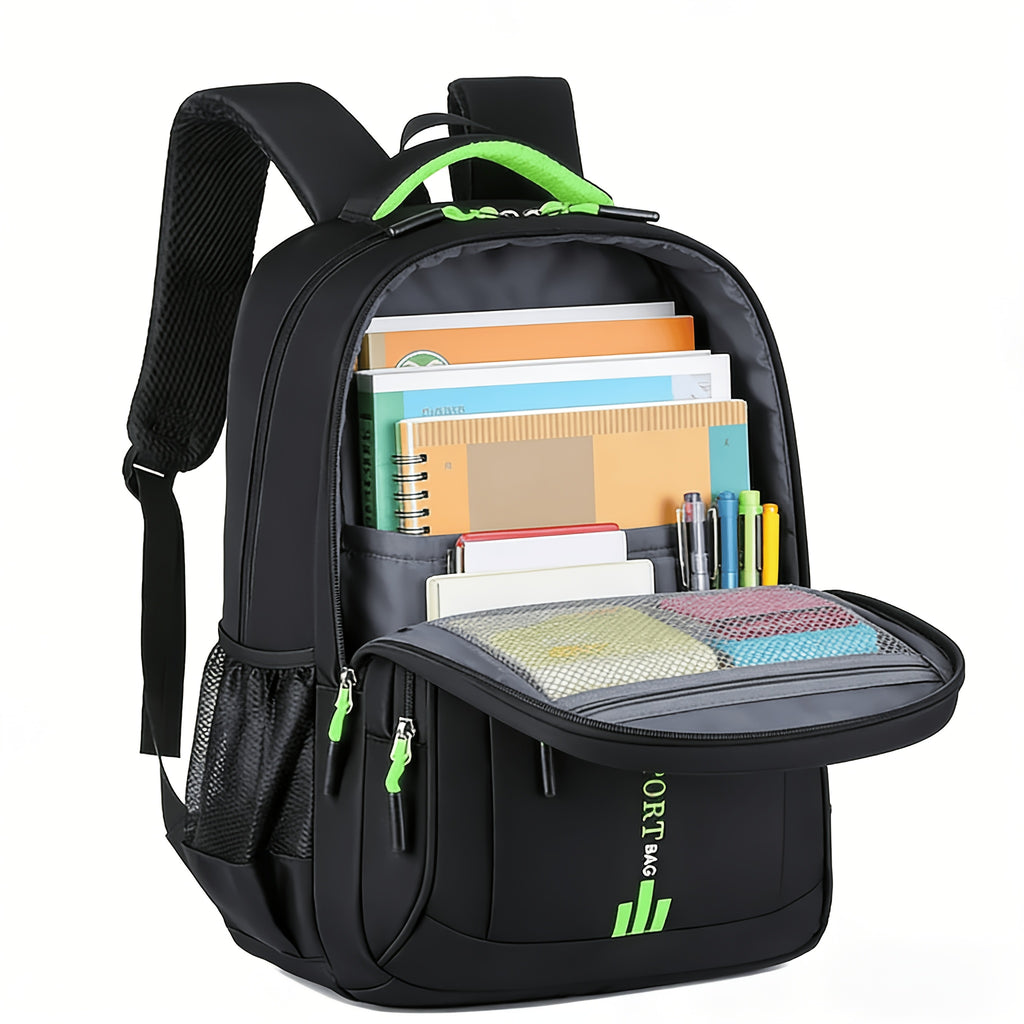 Minimalist Student Backpack in Black or Green for School, College and Everyday Commuting, Laptop-Style Travel Bag with Listed Two-Piece Package Reference