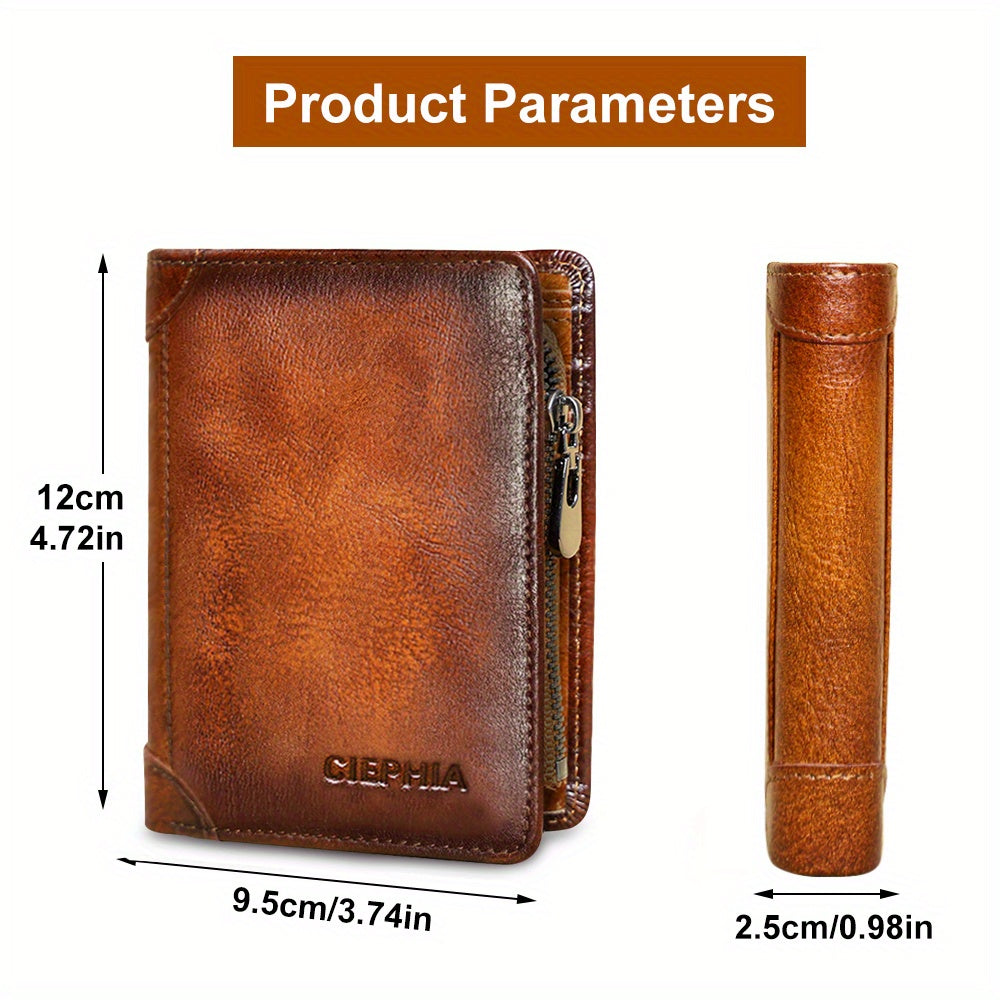 Trifold Leather Wallet for Men with Eight Card Slots, Two ID Windows, Coin Pocket and Two Banknote Sections, Yellow Brown, Black or Coffee Color for Daily Carry