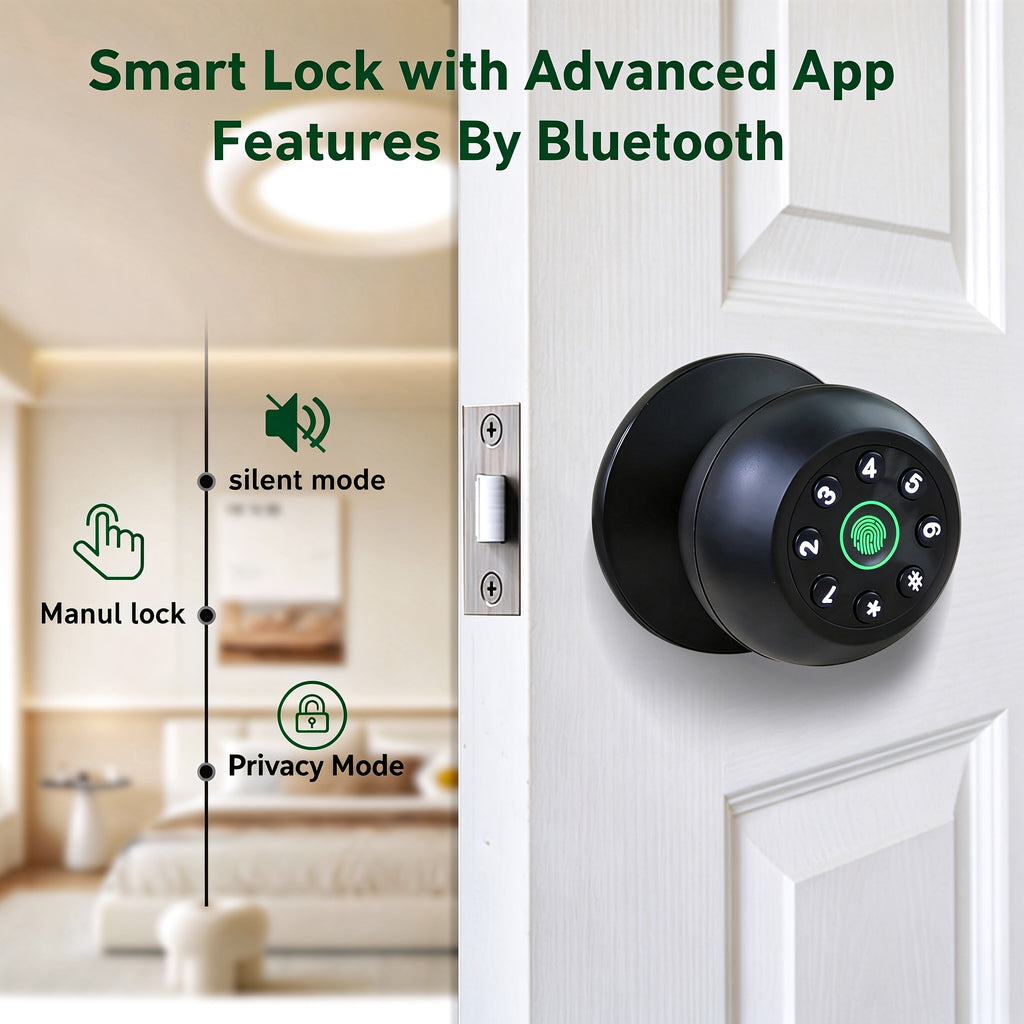 Matte Black Fingerprint Door Knob with Keypad, App Control and Auto Lock, Biometric Code Entry for Compatible Bedroom, Home and Office Doors