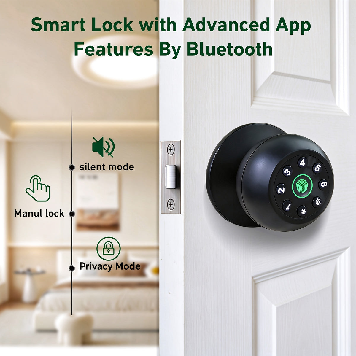 Matte Black Fingerprint Door Knob with Keypad, App Control and Auto Lock, Biometric Code Entry for Compatible Bedroom, Home and Office Doors