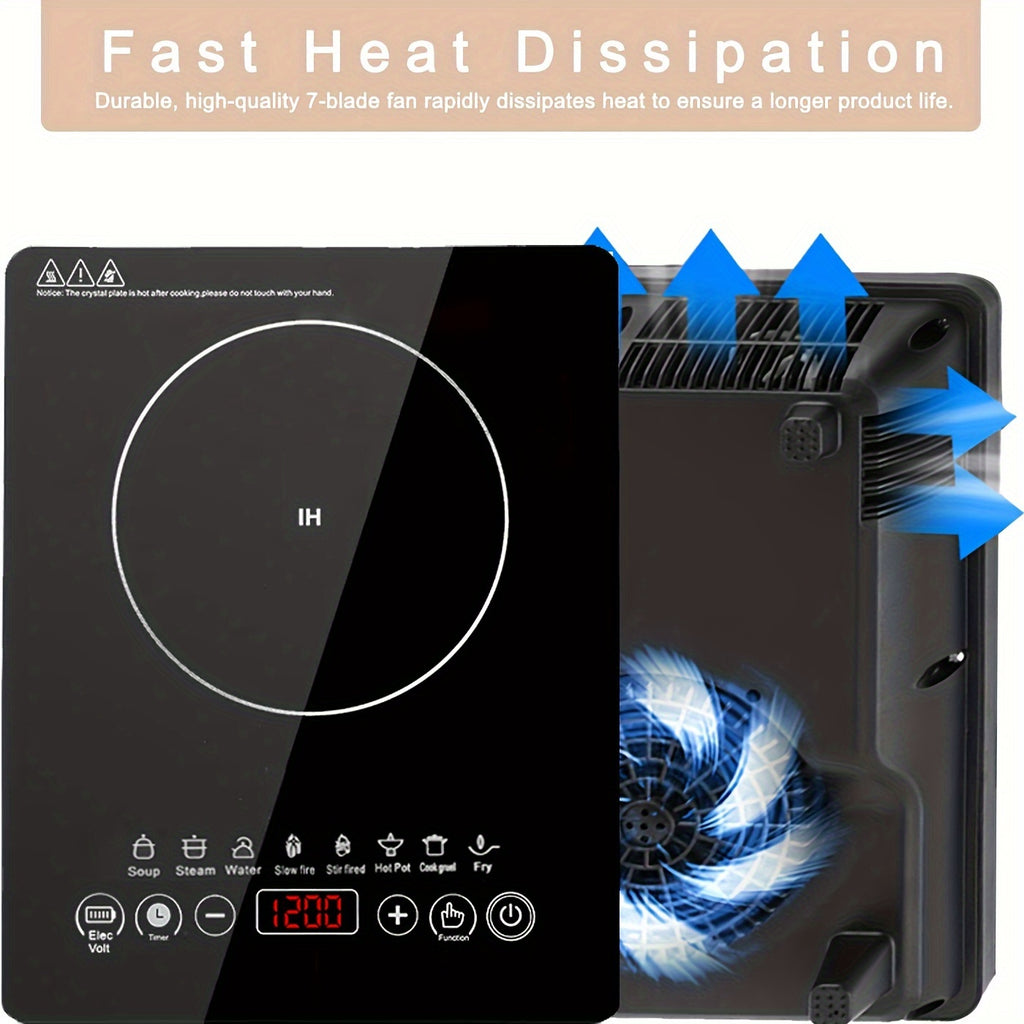 Portable Induction Cooktop with Black Crystal Touch Panel, Single Burner Electric Countertop Stove for Everyday Home Kitchen Cooking and Meal Preparation