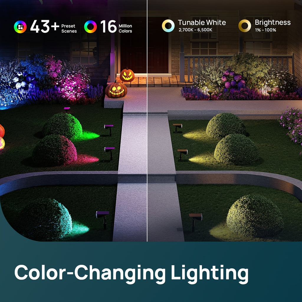 Smart Solar RGB Spotlights with Listed AiDot App Control, Adjustable White Light, Music Sync and Scheduling, Multicolor Two-, Four- or Six-Piece Package Labels