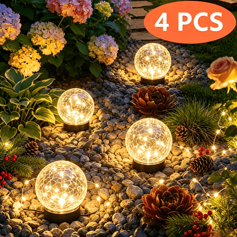 Warm White Solar Crackle Glass Ball Lights with Ground Stake Wording, Four, Six or Eight-Piece Packs for Decorative Garden Borders, Patios and Event Displays
