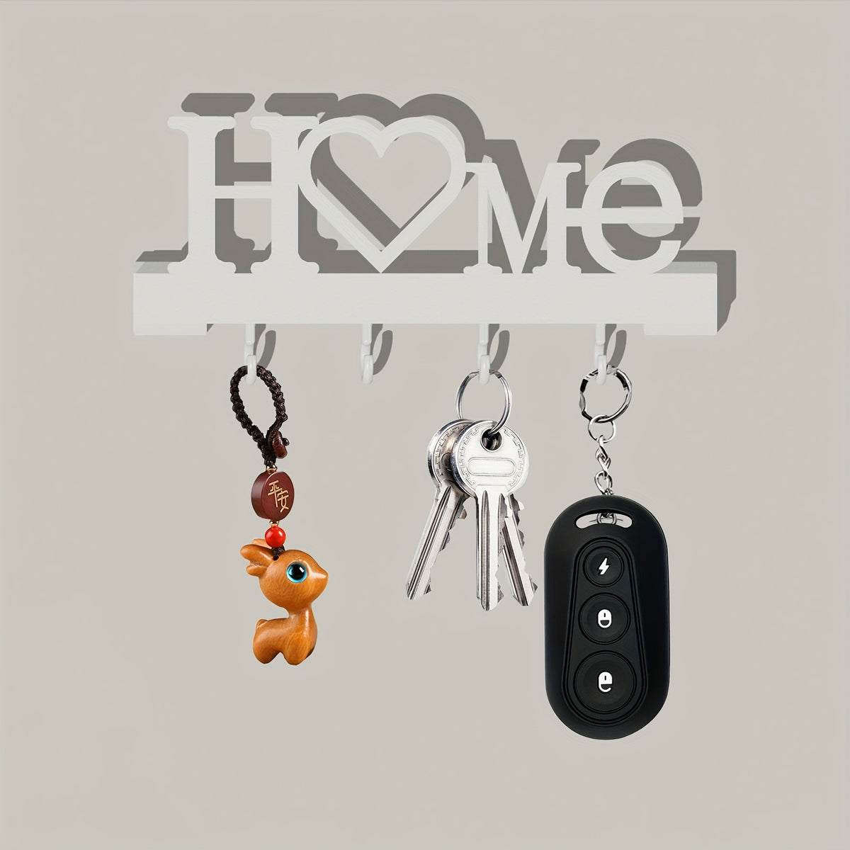 Home Love Key Hook Organizer for Wall-Mounted Entryway Storage, Single Decorative No-Drill Key Rack in Black, White, Grey or Blue for Hallways and Living Rooms