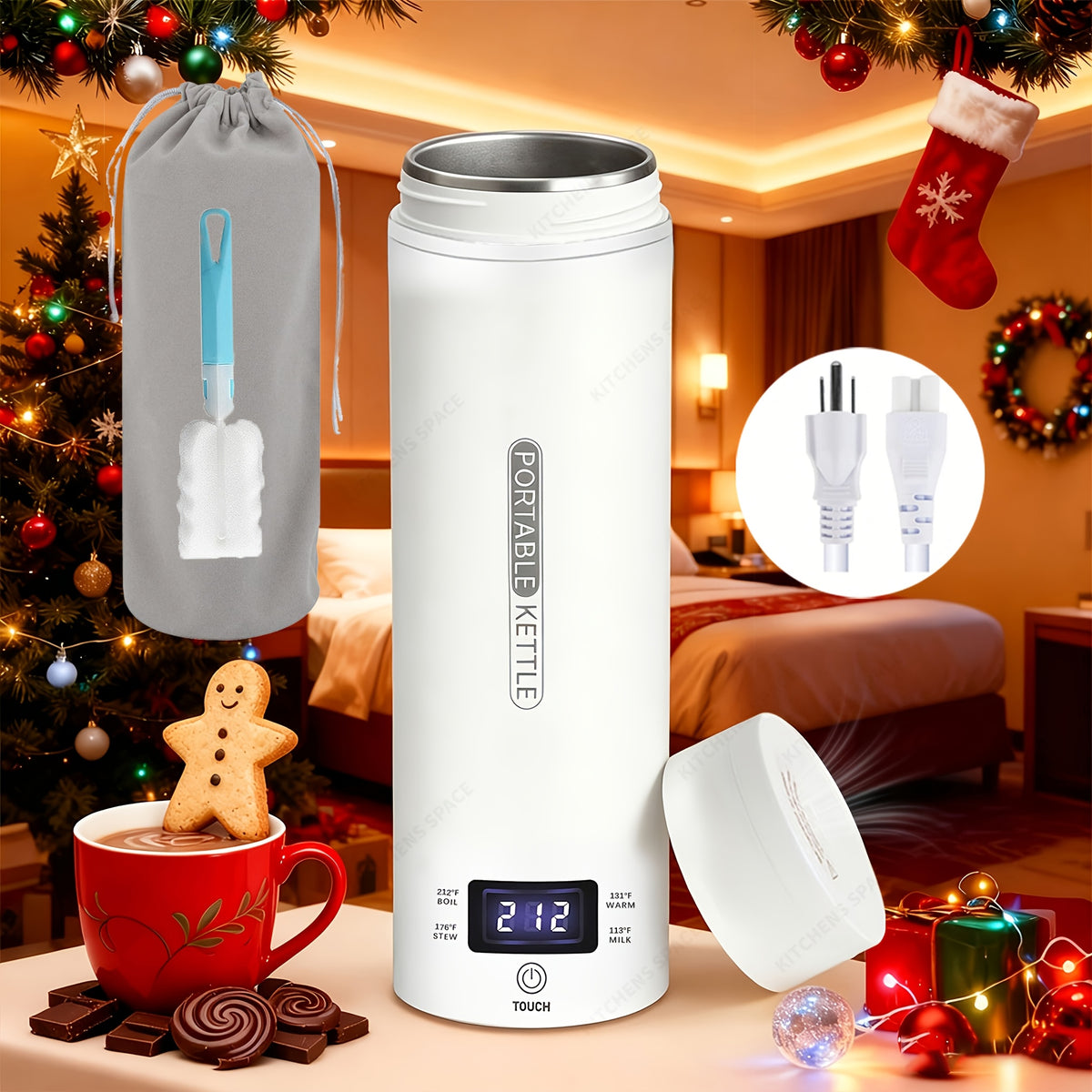 Temperature Control Travel Kettle with Four Settings, Compact Electric Water Boiler with Listed 304 Stainless Steel, Auto Shut-Off and White, Black or Pink Options