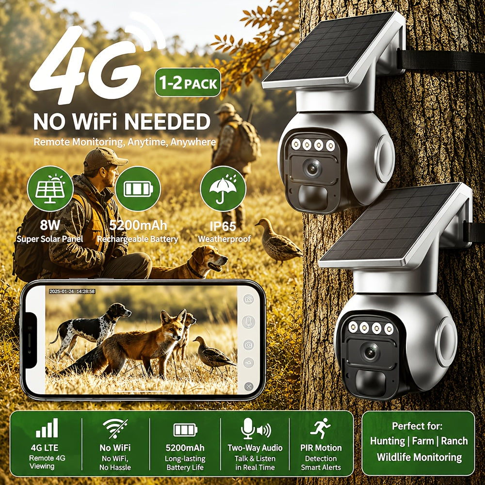 No-WiFi 4G LTE Solar Security Camera with Listed 5MP Imaging, 360-Degree Live View, Night Vision and Two-Way Audio, One- or Two-Camera Outdoor Options