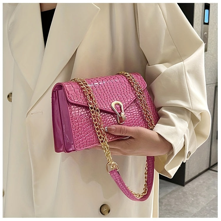 Reptile-Pattern Crossbody Bag for Women with Chain Strap Styling and Gold-Tone Hardware, White, Green or Rose Red Shoulder Purse for Casual and Evening Outfits