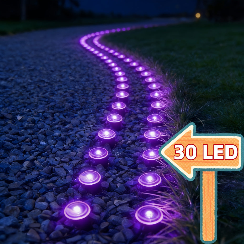 Purple or Blue Solar Lawn Stake Lights, 30 LED Style Options with Listed IP44 Rating for Garden Paths, Courtyards, Outdoor Parties and Wedding Decor