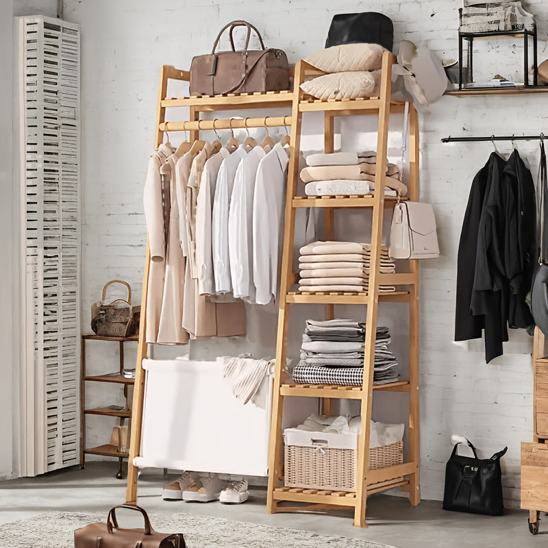 Bamboo Garment Rack with Adjustable Shelves, Five Side Storage Racks and Hat Hooks for Bedroom Organization, Brown or Nature with Four Size and Bag Option Labels