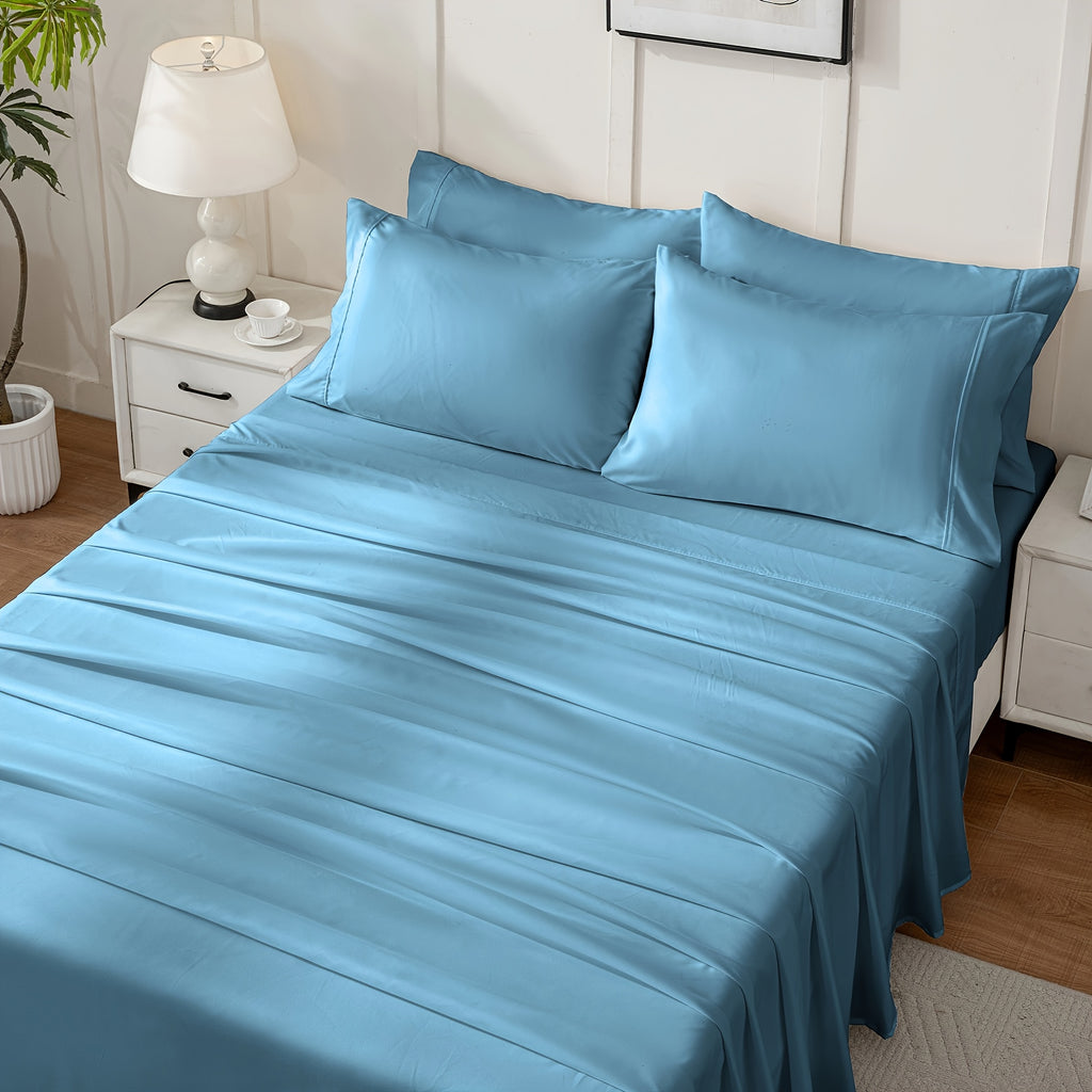 Flat and Fitted Sheet Set with Two Pillowcases, Four-Piece Bedding with Listed Extra Deep Pockets and Six Size Labels Including Twin XL for Home Bedrooms