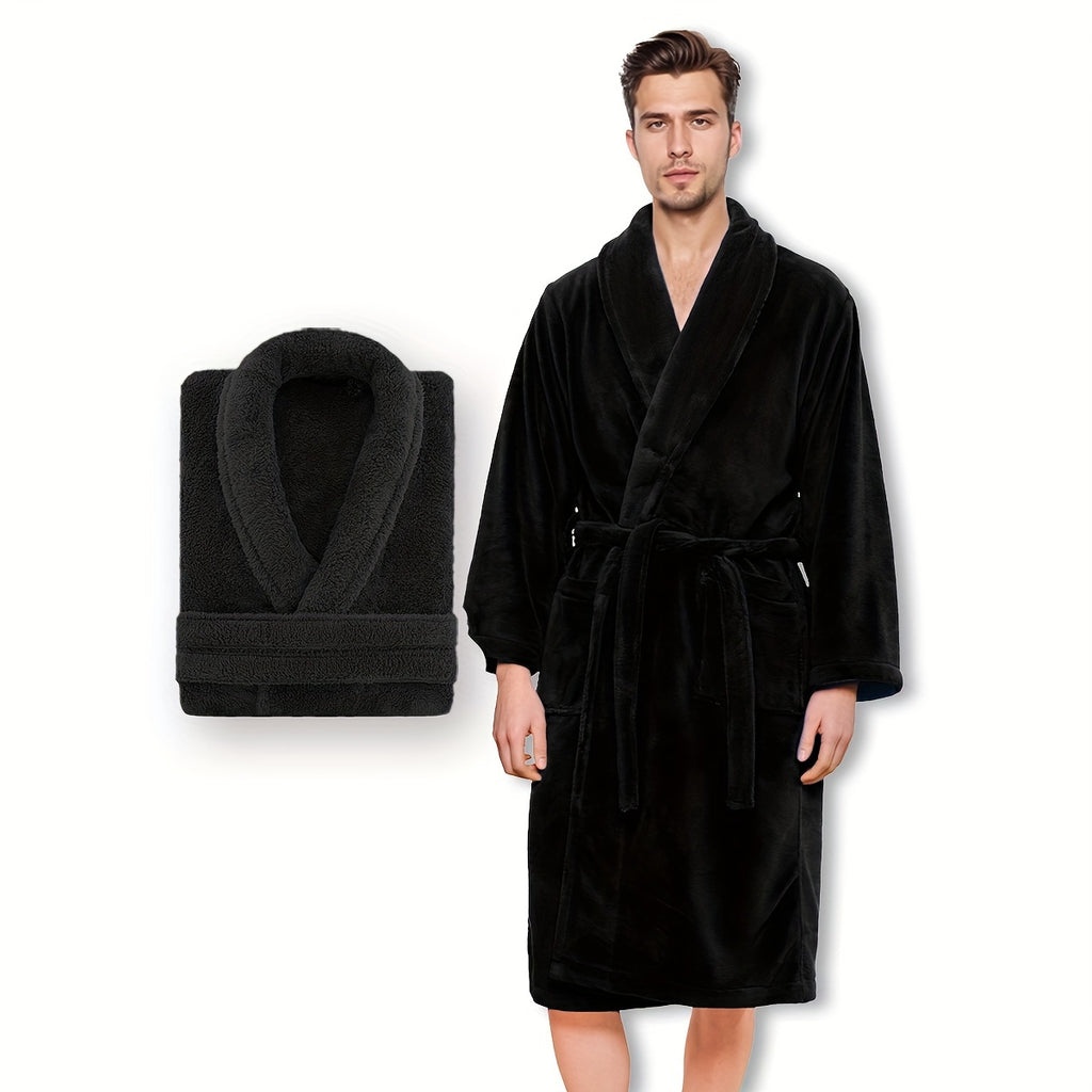 Coral Fleece Bathrobe for Men and Women with Shawl Collar, Adult Home Lounge Robe in S, M, L or XL Size Labels and Four A–D Color Selections