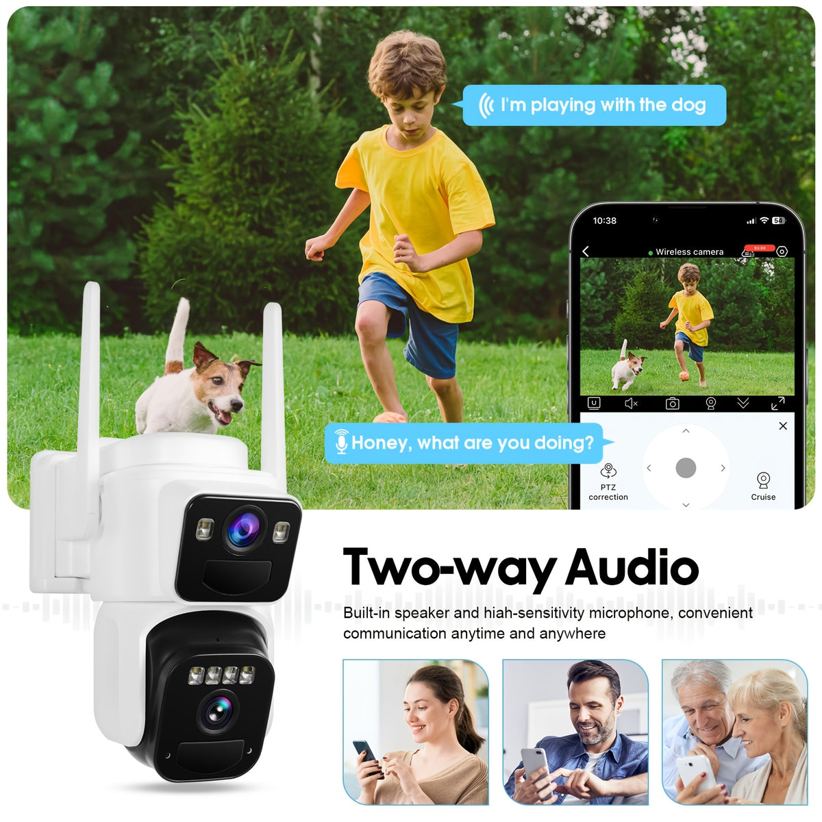 Dual-Screen Solar WiFi Security Camera with Fixed Wide-Angle and Rotating PTZ Lenses, 8000mAh Battery, Night Vision, Two-Way Audio and Optional TF Card Packages