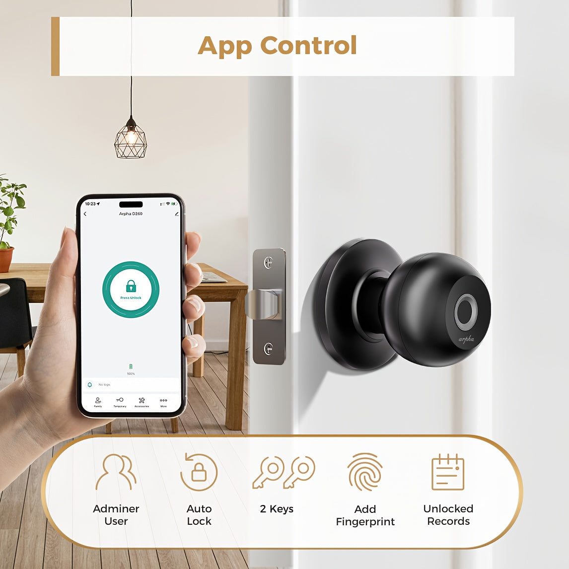 Replaceable-Battery Smart Door Knob by Arpha in Black with Listed Fingerprint, Passcode, Tuya App and Physical Key Access, Passage and Privacy Modes, Battery Excluded