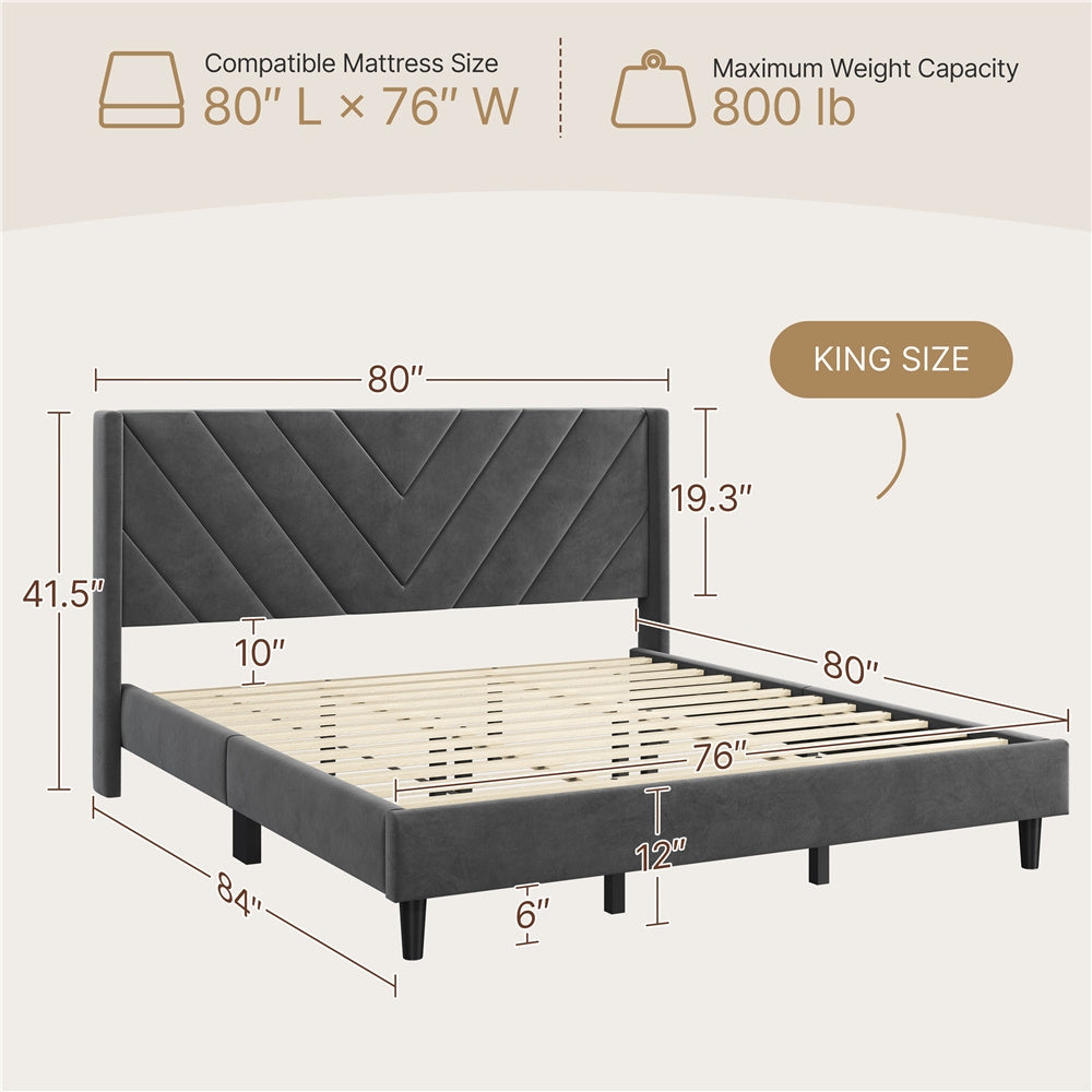 Velvet Platform Bed Frame by Costoffs with Wingback Headboard and Geometric Stitching, Wooden Slat Support, No Box Spring Needed, Twin to King Options
