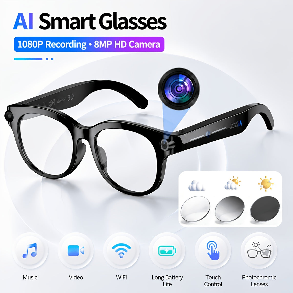 Photochromic AI Smart Glasses with Listed 8MP Camera and EIS, Live Translation, Object Recognition, Voice Control and Open-Ear Music in Unisex Black