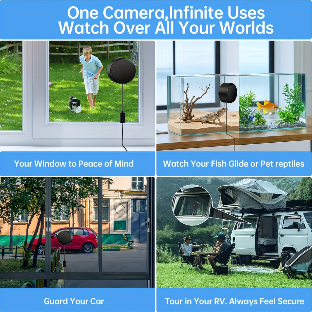 Dual-Band WiFi Window Camera by WESECUU with 2K Imaging, Color Night Vision, Person and Motion Alerts, Two-Way Audio and Premium Black Stand Option