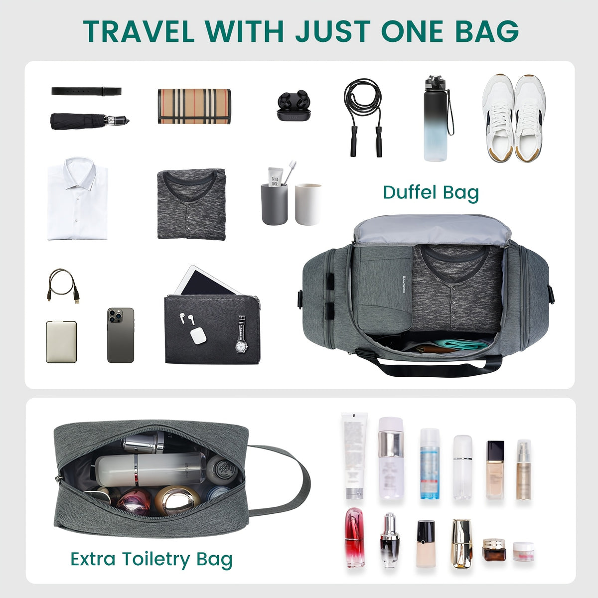Travel Duffel Bag with Shoe Compartment and Wet Pocket, Adjustable Shoulder Strap and Bottle Holders for Men and Women, Gym and Weekend Trip Carry