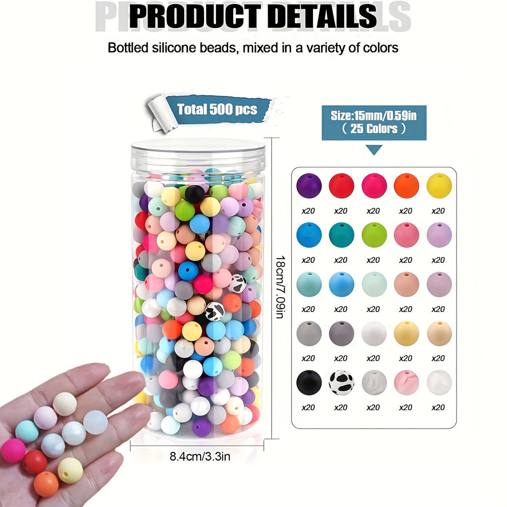 Silicone Bead Kit 500 Pieces, Multicolor Round Straight-Hole Beads for DIY Jewelry Making, Bracelets, Keychains and Holiday Craft Projects