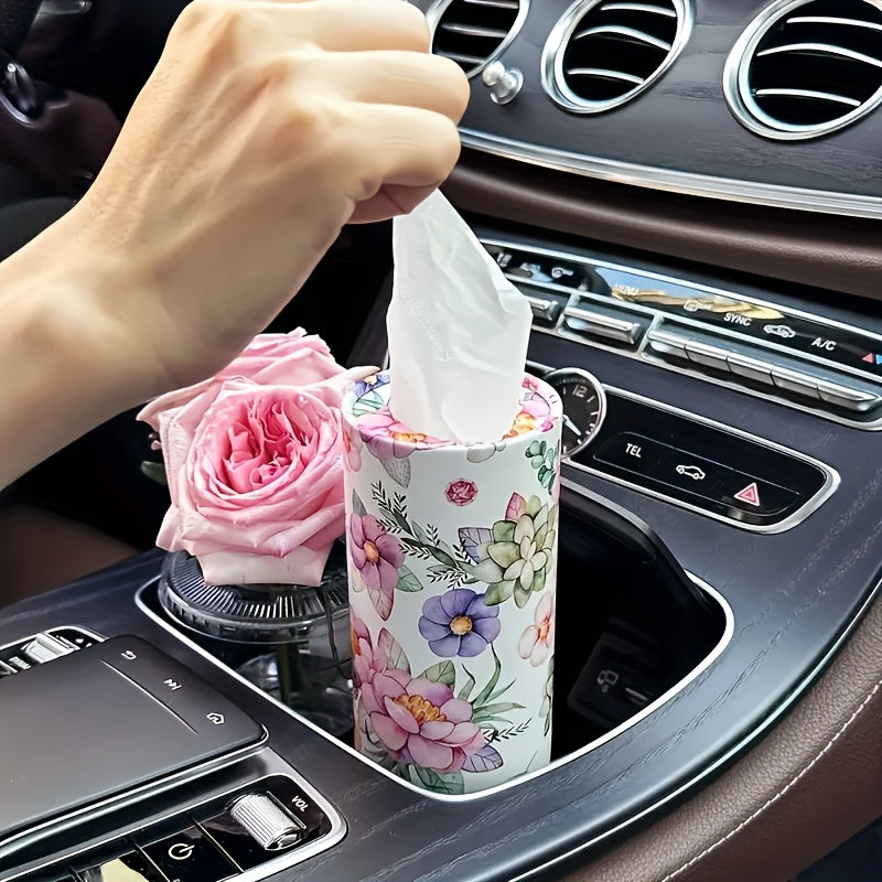 Cup Holder Car Tissue Tubes, Two-Roll Pink and White Floral Facial Tissue Pack in Compact Cylindrical Containers for Vehicle Interior Organization and Daily Use