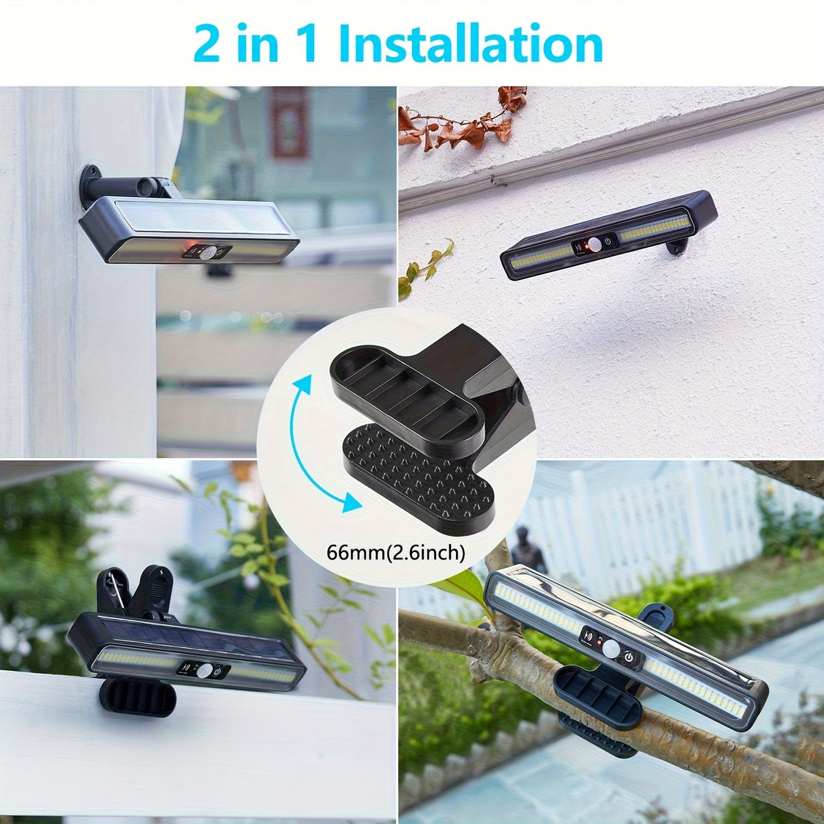 Solar Motion Sensor Light with Clip-On or Wall Mounting and Listed 36 LEDs, One, Two or Four-Pack Options for Outdoor Fence, Courtyard and Camping Lighting
