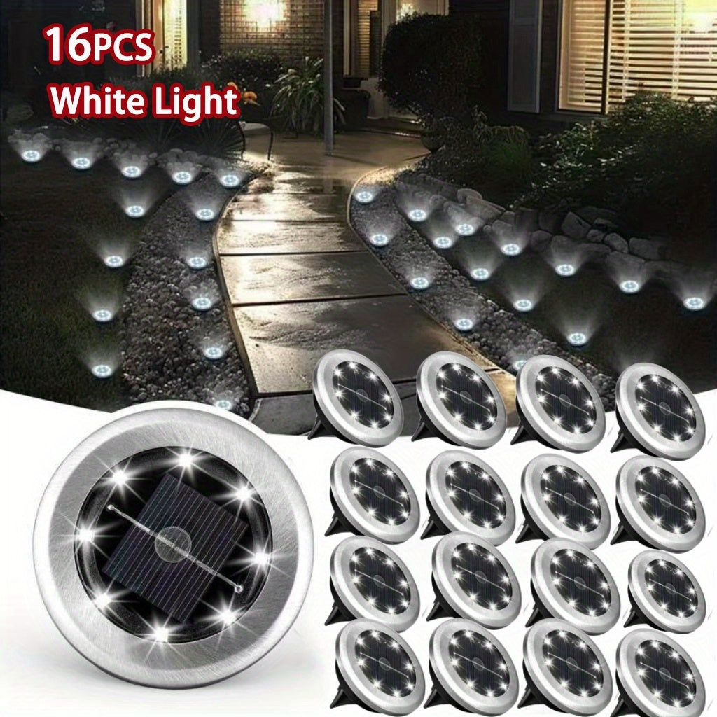 Solar In-Ground Lights in White or Warm Light, 8 or 16-Piece Garden Accent Packs with Listed Eight-LED Design and IP44 Rating for Lawn and Pathway Borders