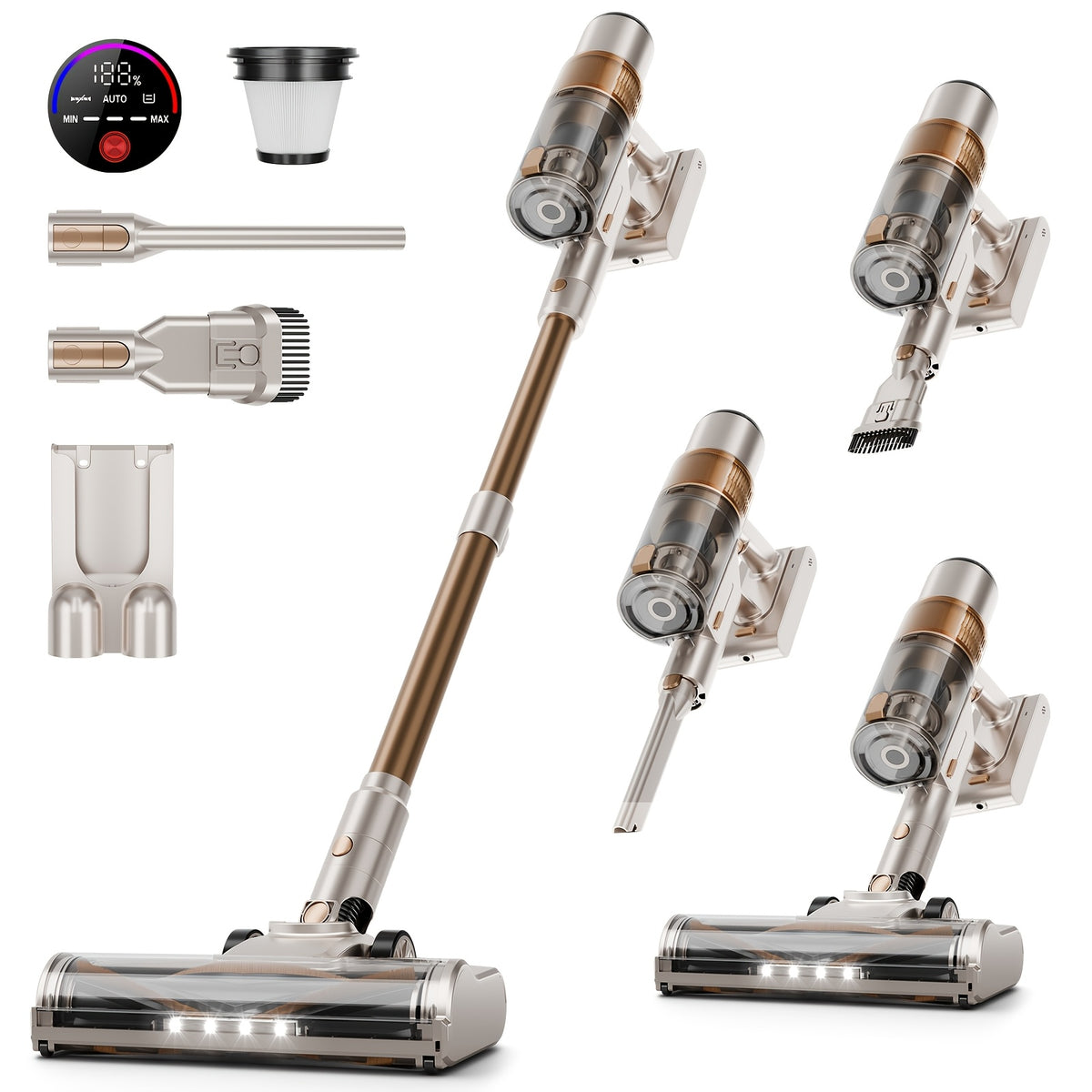 LED Display Cordless Vacuum Cleaner with Anti-Tangle Floor Brush and Detachable Rechargeable Battery for Carpet, Pet Hair, Tile and Hardwood Floors