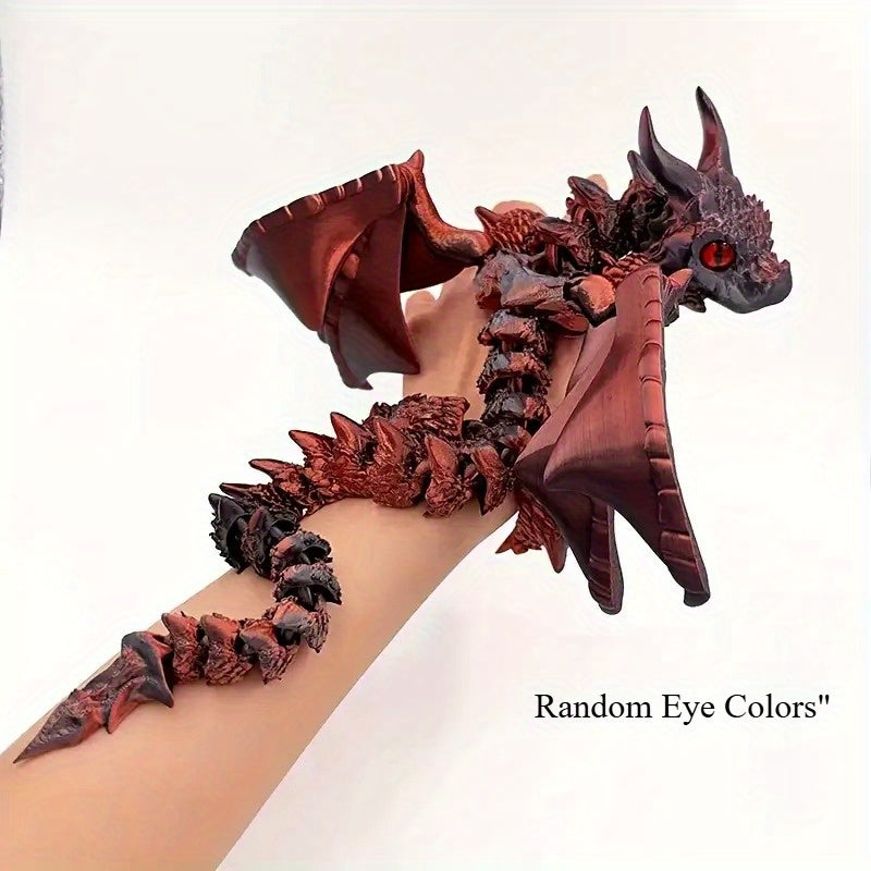 3D Printed Dragon Figurine with Articulated Two-Horned Fantasy Design, Six Color Combinations and Random Eye Details for Gothic Shelf, Desk and Room Decor