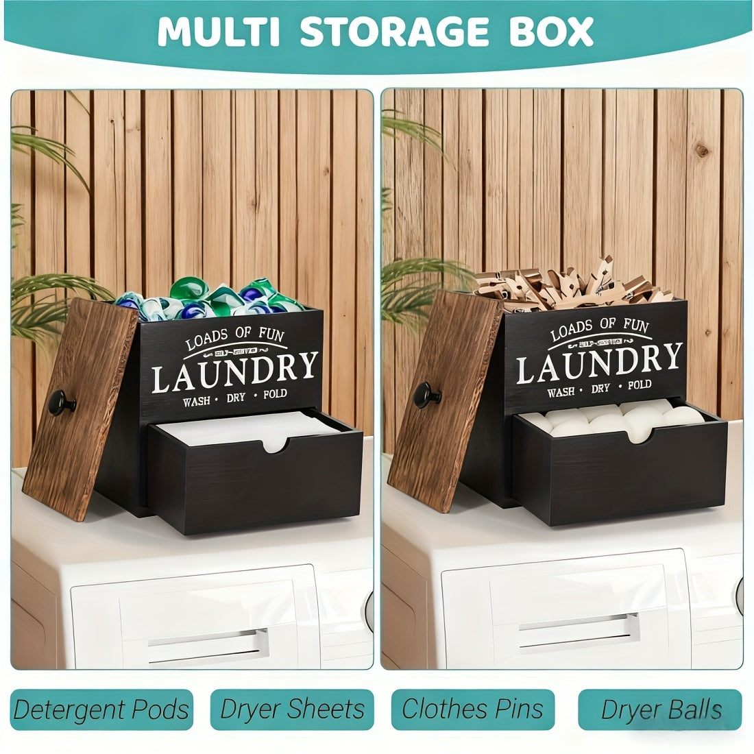 Wooden Dryer Sheet Holder by MONDRAME with Drawer and Lid, Farmhouse Laundry Room Organizer for Wall Mount or Countertop Placement in Black or White Options