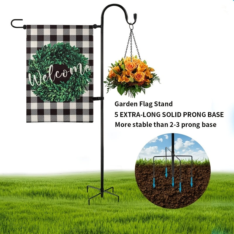 48-Inch Garden Flag Stand with Shepherd Hooks and Four-Claw Base, Holder for Small Flags up to 12 x 18 Inches, Yard Decor Support, Flags and Lanterns Not Included