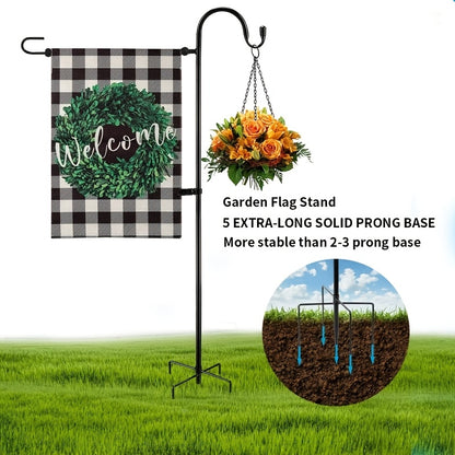 48-Inch Garden Flag Stand with Shepherd Hooks and Four-Claw Base, Holder for Small Flags up to 12 x 18 Inches, Yard Decor Support, Flags and Lanterns Not Included